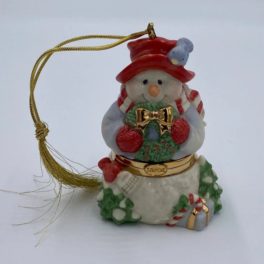Lenox Snowman Trinket Box Christmas Ornament # 6339584 Blue Bird Wreath 3.5